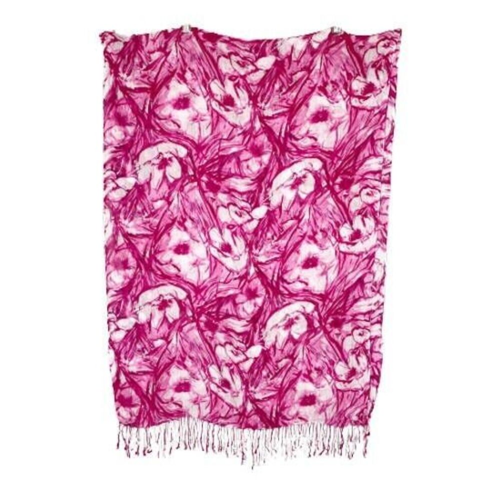 Soft Viscose Gauze Rectangle Scarf Wrap Pink White Floral Fringed Ends